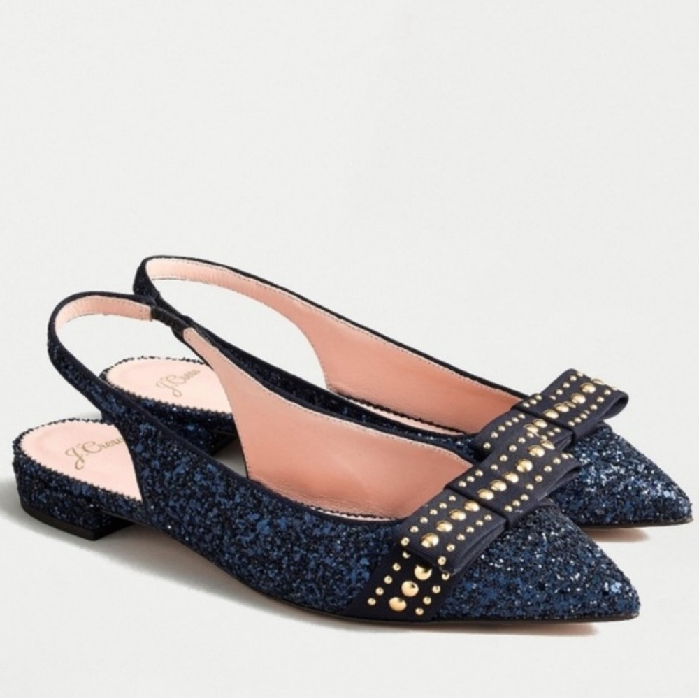 J. Crew Gwen Glitter Slingback Flats with Studded Bow